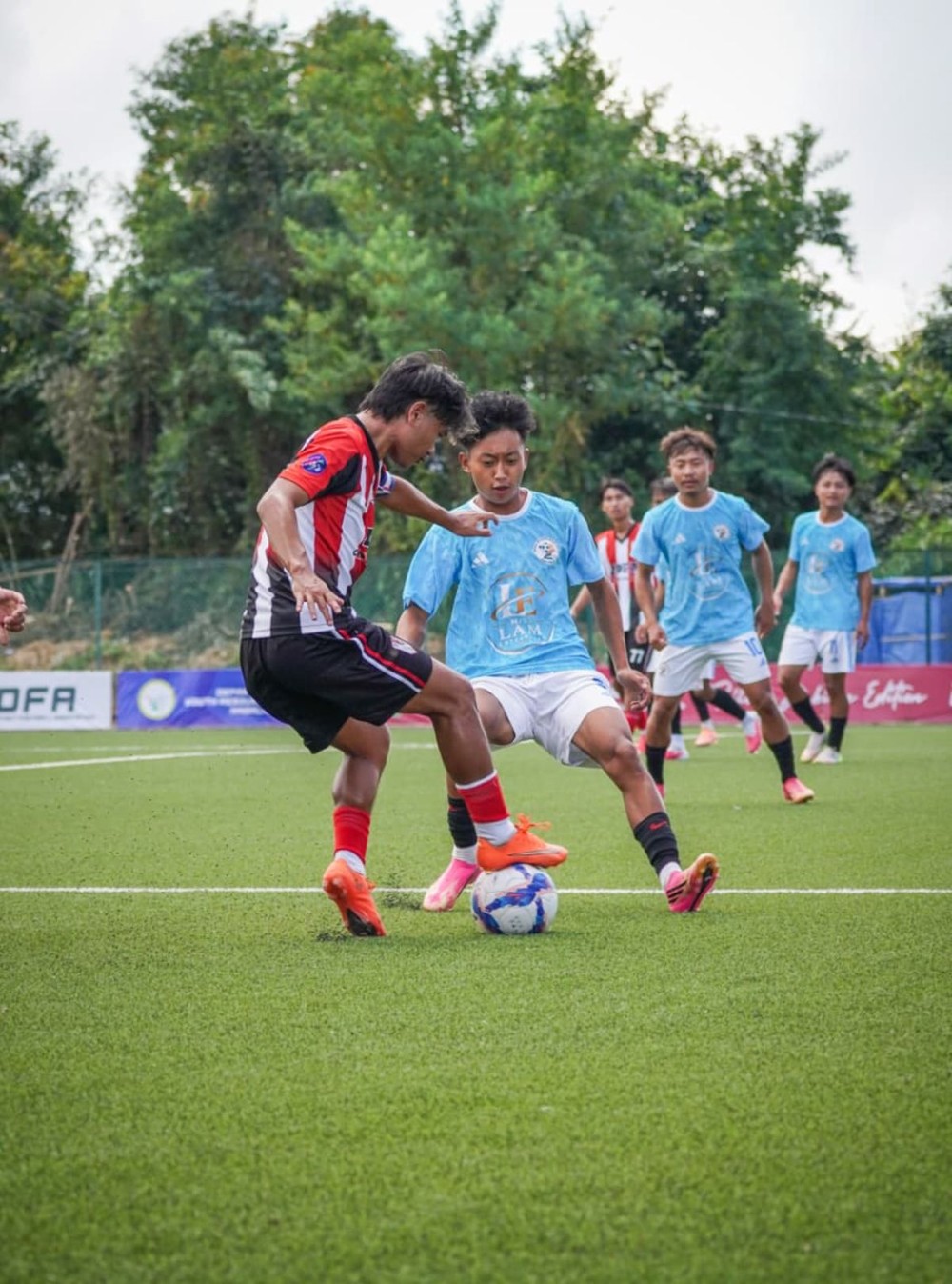 Players of ZDFA and NDFA in action during the match three soccer match of the ongoing 25th Dr T Ao Trophy tournament at the Renpo Lu Sports Complex, Ungma, Mokokchung on October 14. (Photo Courtesy: NFA Media)